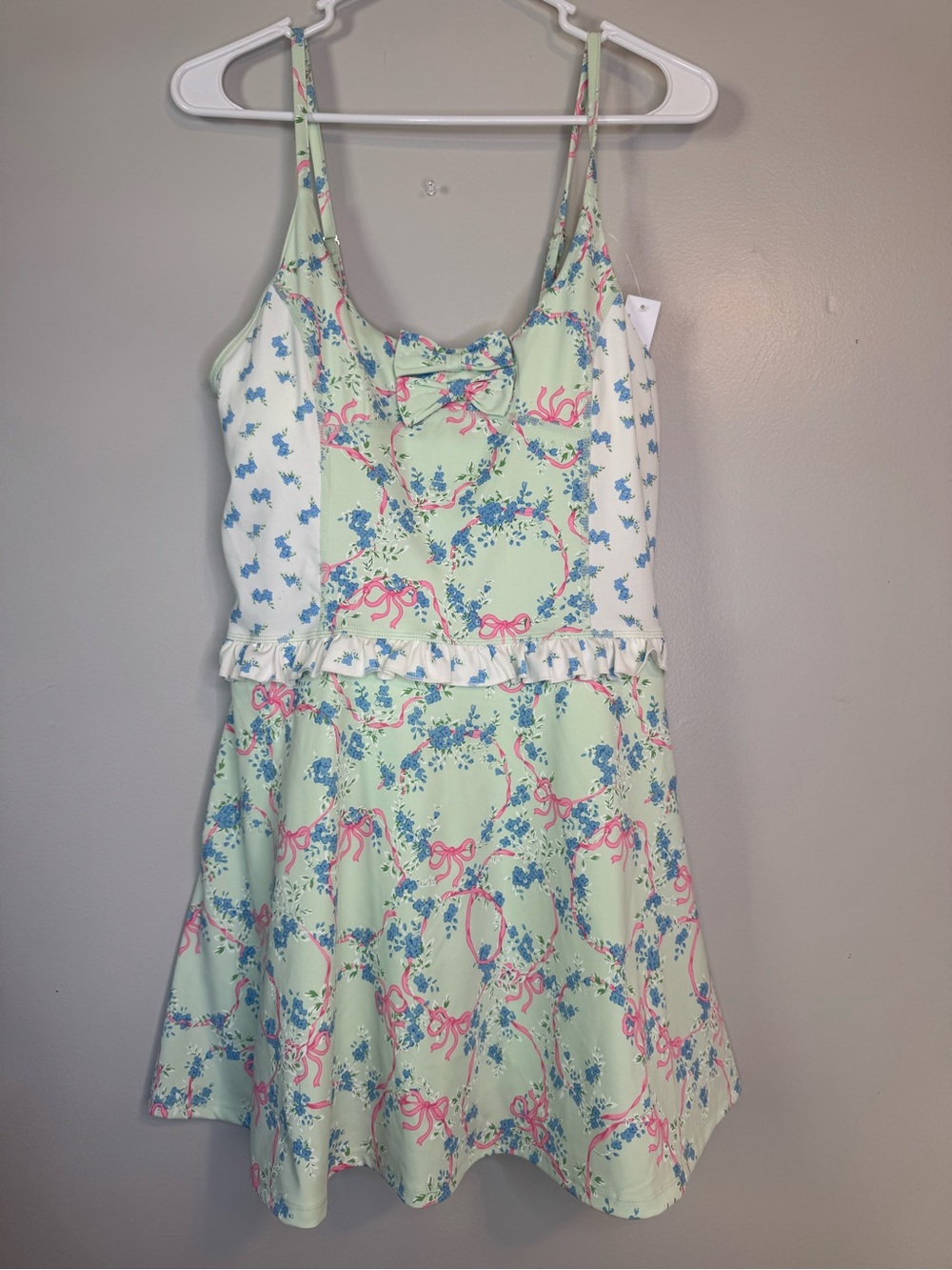 Shabby Chic Mint Dress with Pink Ribbon & Blue Floral Print